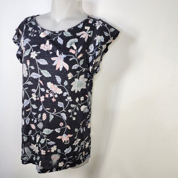 LOFT Womens Top Size XS 100% Linen Floral Short Flutter Sleeve Blue Round Neck - Picture 5 of 9